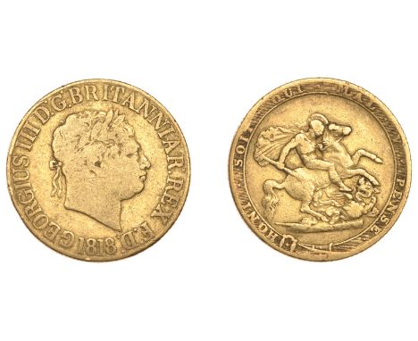 George III (1760-1820), New coinage, Sovereign, 1818, ascending colon after britanniar (M 2A; S 3785A). Almost fine £400-£600