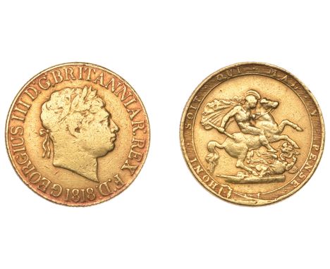George III (1760-1820), New coinage, Sovereign, 1818, ascending colon after britanniar (M 2A; S 3785A). Cleaned, possibly fro