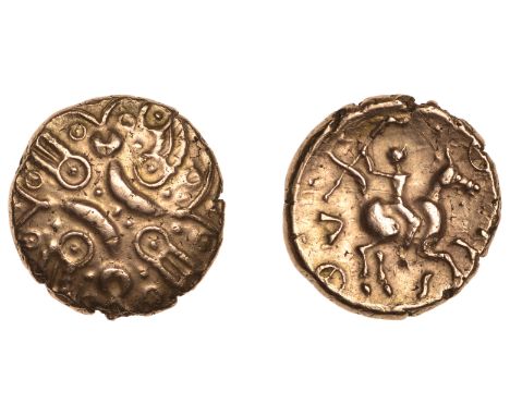 British Iron Age, CATUVELLAUNI, Tasciovanus, Stater, class 5a, two crescents back-to-back across cruciform wreath pattern, an