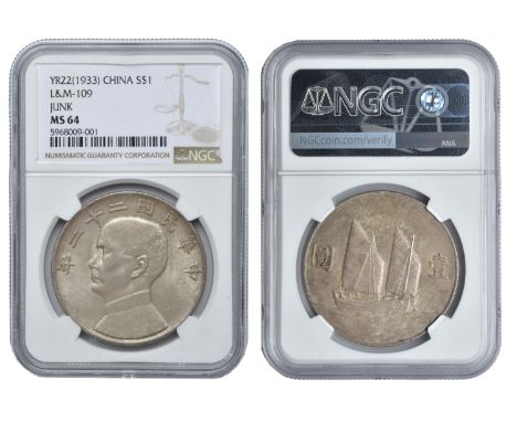 China, REPUBLIC, Sun Yat-sen, Dollar, yr 22 [1933] (L & M 109; KM. Y345). About as struck, toned [slabbed NGC MS 64]  £3,000-