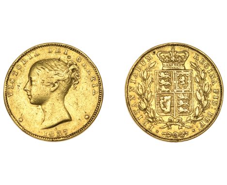 Victoria (1837-1901), Pattern Sovereign, 1837, by W. Wyon and J.-B. Merlen, in gold, young bust left, rosettes flanking date,