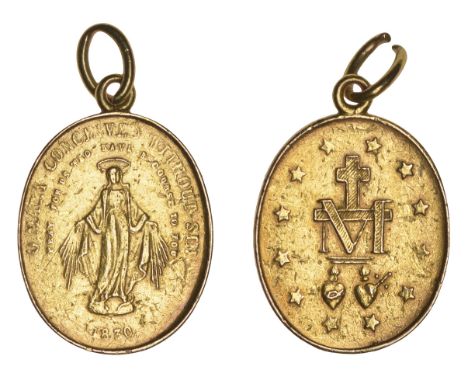 Religion, 1830, a gold medalet, Virgin Mary standing facing, rev. monogram within ring of stars, 20 x 14mm, 2.01g. Cleaned, s