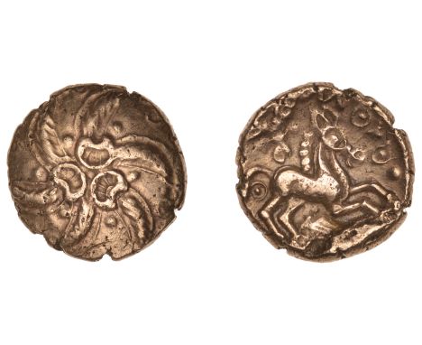 British Iron Age, TRINOVANTES, Addedomaros, Stater, class 3, spiral of six limbs, three crescents in centre, rev. horse right