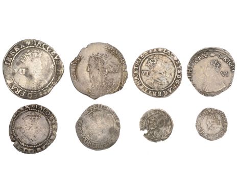 James I, First coinage, Shilling, mm. lis, second bust, 5.50g/10h, Second coinage, Sixpence, 1606, mm. rose, fourth bust, 2.7