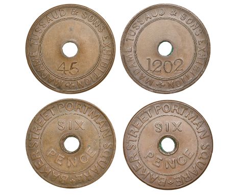 LONDON, Baker Street, Madame Tussaud & Sons, copper Sixpences (2) [c. 1850], madame tussaud & sons exhibition, stamped 45 and