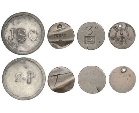 A lead ticket, jsc (? Joint Stock Company), rev. 2p, 44mm; together with other pieces in copper (3) [4]. Varied state; resear