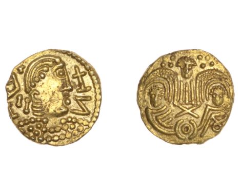 Early Anglo-Saxon Period, Gold Shilling or Thrymsa, Post-Crondall period, c. 645-70, Two Emperors type, bust right, symbols a