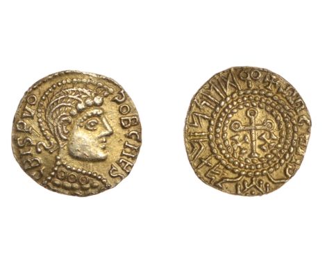 Early Anglo-Saxon Period, Gold Shilling or Thrymsa, Post-Crondall period c. 650-70, Crispus type, helmeted and cuirassed bust