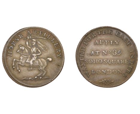 India, E.I.C., copper recruiting ticket, artilleryman on horseback left, rev. legend, 20mm (W 2500; Prid. 398). Good very fin