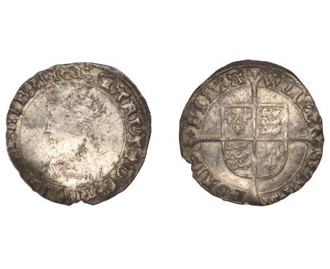 Mary (1553-1554), Groat, mm. pomegranate, reads regi, 2.00g/10h (N 1960; S 2492). Flan bent at 8 o’clock and light surface ma