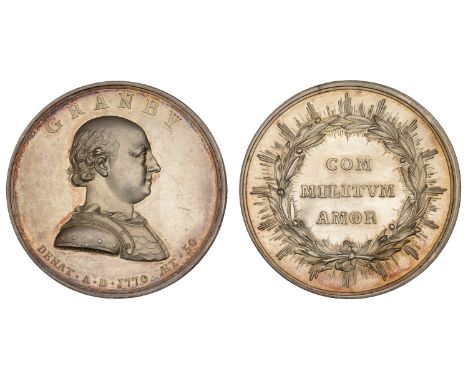 Death of the Marquis of Granby, 1770, a silver medal by L. Pingo, armoured bust right, rev. com militvr amor within radiant w