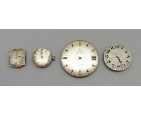 Four wristwatch movements, two Omega, Zenith and Buren automatic