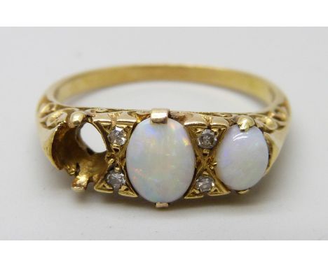 An 18ct gold, opal and diamond ring, lacking one opal, 4.2g, O/P