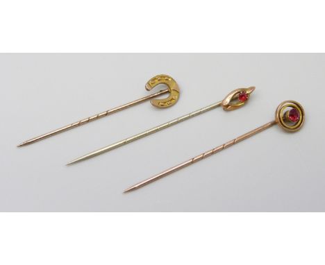 Three 9ct gold stick pins, 2.6g, one with metal pin