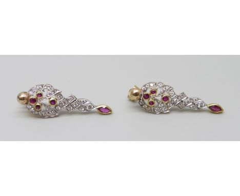 A pair of 9ct gold, ruby and diamond drop earrings, 2.8g, boxed