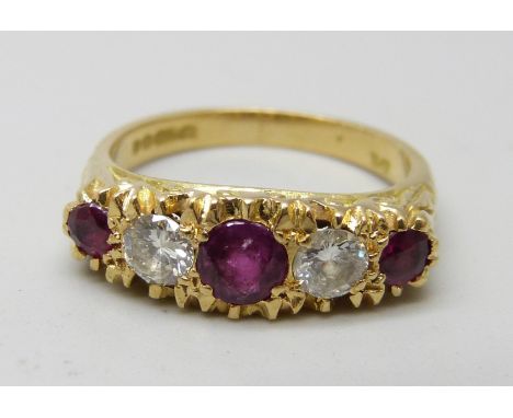 An 18ct gold, ruby and diamond ring, 5g, L, diamonds approximately 0.25 carat each
