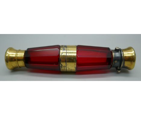 A gilt metal mounted ruby glass double scent bottle, marked Mordan in one lid, 122mm