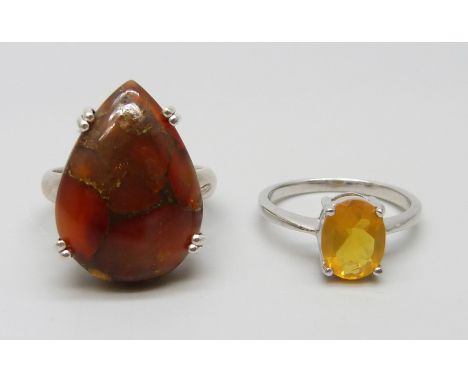 Two sterling silver 925 statement rings, one set with a 14ct pear cut carnelian and one set with an American fire opal, P and