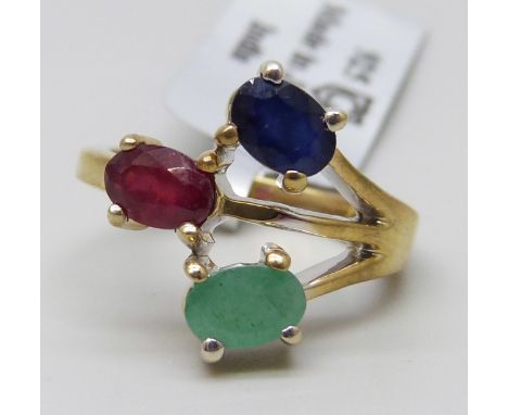 A silver gilt ruby, sapphire and emerald ring, J/K