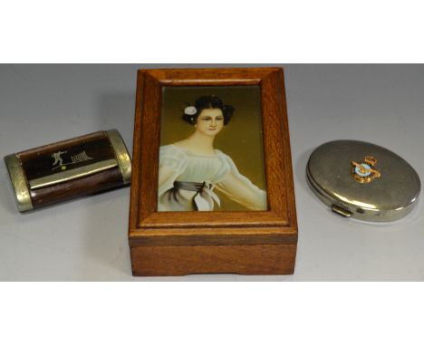 An airforce compact; snuff box; a cigarette box with painted cover (3)