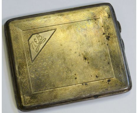 A silver cigarette case, engine turned, monogrammed M E B 129g gross; a Victorian silver plated Railway Timekeeper specially 