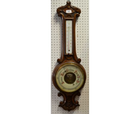 A Victorian oak wheel banjo barometer, porcelain dial, c.1880
