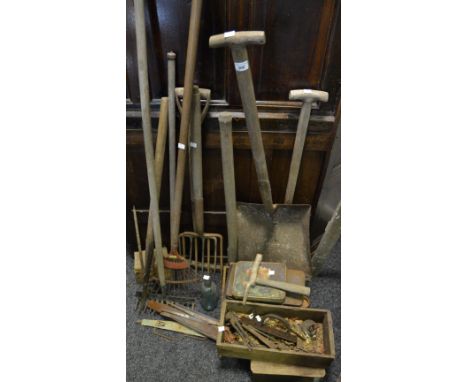 Tools - a CWS margarine box; hedging bill; pick axe; spades; etc qty