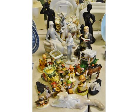 Ceramics - Lladro figure group, ceramic seller and his donkey;Nao figure of a cat; Goebal figures- wayside harmony; Goose gir