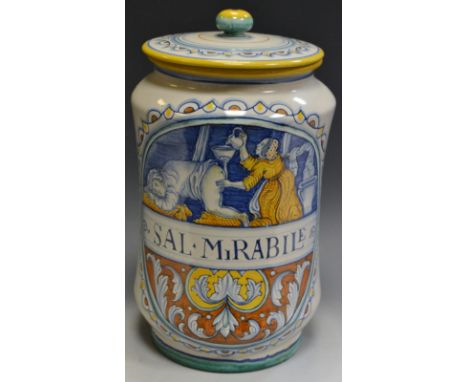 An interesting 20th century ceramic Grazia pottery apothecary / pharmaceutical storage jar SAL MiRABILE, the transfer depicti