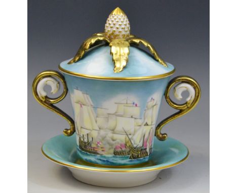 A limited edition Royal Worcester porcelain twin handled cabinet cup, cover and saucer, painted by Ken Yates produced for Gov