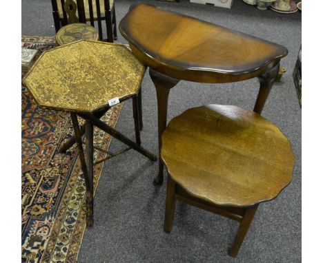 A bamboo octagonal occasional table; a mahogany serpentine demi-lune table; a 1940's oak workbox. (3)