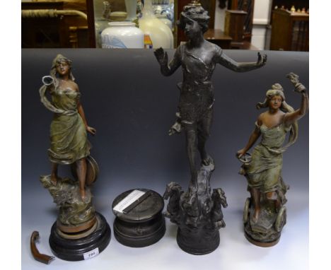 A early/mid 20th century spelter lamp base in the form of young girl, three horses at her feet; a near pair of continental sp