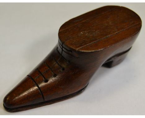 A mahogany novelty snuff box, as a shoe