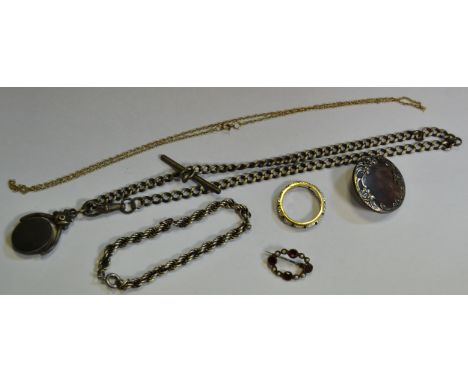 A 9ct gold eternity ring; a 9ct gold chain; a silver fob chain, Art Nouveau button, etc