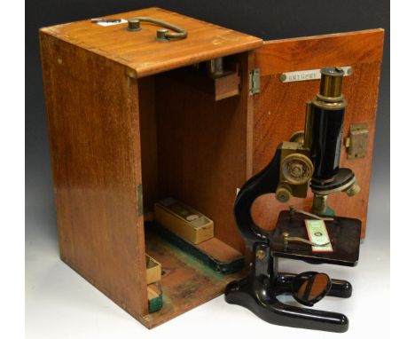 A C.Baker, London '9771' pattern microscope, cased with various early 20th century botany specimen slides, early 20th century