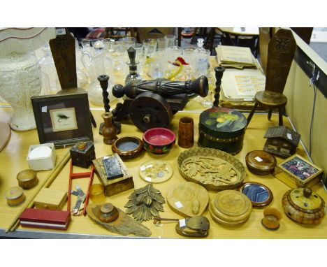 Treen - two miniature spinning stools; two oak barley twist candle sticks; carved wooden cannon; powder boxes; an oak ash tra