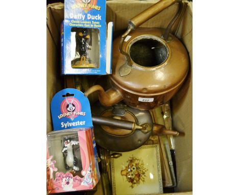 Copper kettles; ponch; Looney Tune figures; clock; etc 