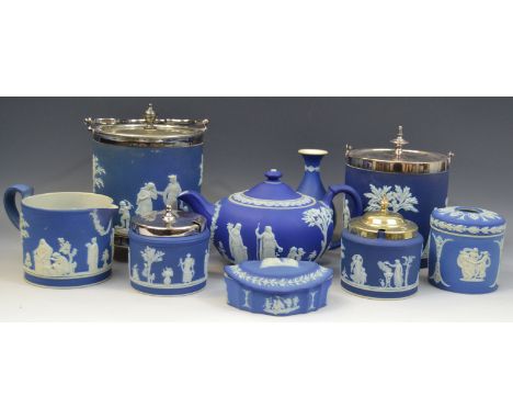 Wedgwood - Blue Jasperware, biscuit barrels, teapot, vases, trinket dish, hair tidy