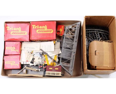 Collection of mixed Triang and similar 00 gauge track, accessories, together with a home made 3 rail engine shed