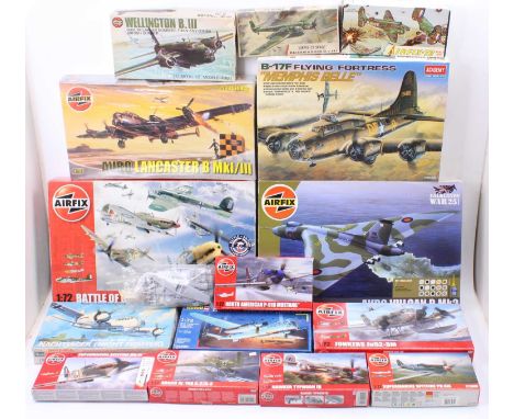 16 Airfix, Revell, and Academy mostly WW2 aircraft kits, with specific examples including an Airfix 1/72nd scale Avro Lancast