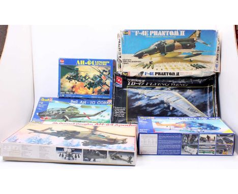 A box containing 6 mixed aircraft kits, with examples to include a Revell 1/32nd scale F-4E Phantom II, an AMT Northrop YB-49