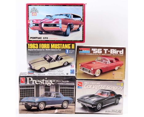 5 plastic car kits from various manufacturers with examples including a Lindberg 1/25th scale 1963 Ford Mustang II, an IMAI 1