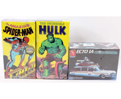 A collection of TV related boxed plastic kits to include Polar Lights and AMT/ERTL to include a 1/25 scale model of an Ecto 1