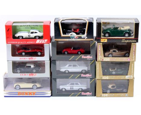 12 boxed modern issue 1/43rd scale diecasts, with examples including a Best Models Jaguar E Type Coupe, a Detail Cars Platinu