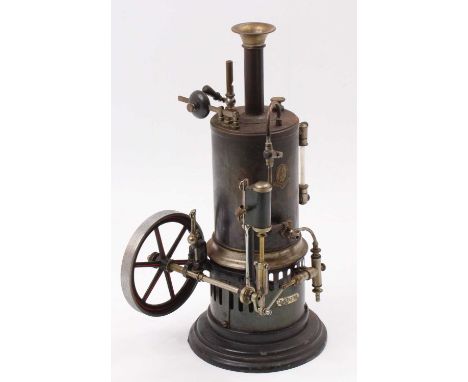 Bing, Circa 1900 stationary vertical steam engine, spirit fired example comprising of heavy cast metal base, vertical boiler,