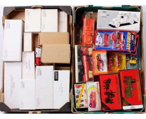 Two trays containing a collection of mainly emergency service related boxed and carded diecasts to include CCCP, Matchbox Mod