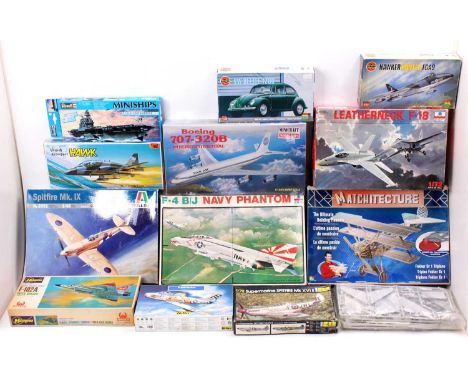 One box containing 13 various boxed military themed aircraft plastic kits to include Airfix Italeri Revell and others, specif