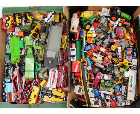 Two trays containing a collection of mixed playworn diecast to include Matchbox Kingsize, Matchbox 175 Series, Tonka, and oth