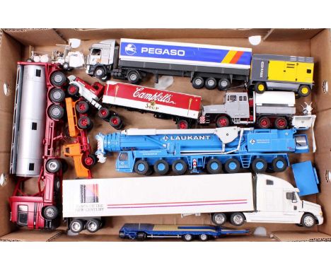 A tray of mixed modern issue trucks, with examples including an NZG 1/43rd scale No. 416 Freightliner Century Class Box Truck