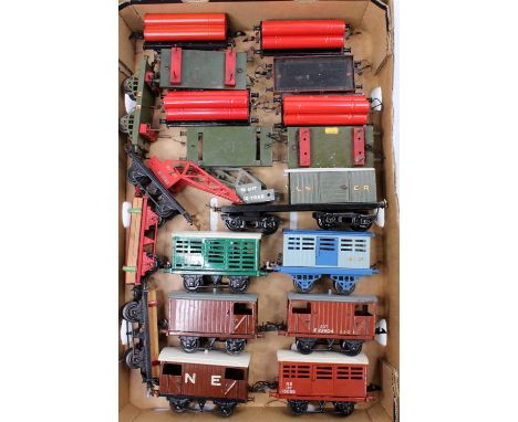 One tray containing a collection of mixed Hornby 0 gauge and repainted rolling stock and wagons, to include LMS 10-ton goods 